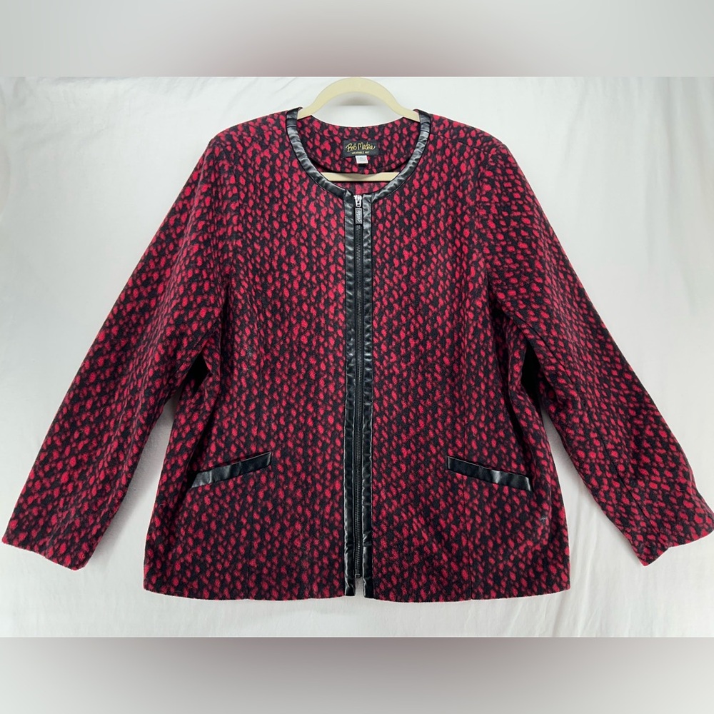 Red Black Fleece Jacket Pattern XL Pockets Full Zip BOB MACKIE Wearable Art
